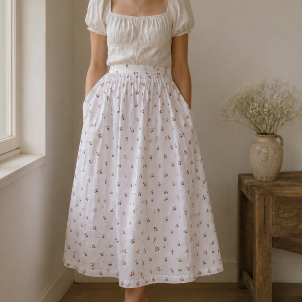 NEW Aerie White Cherry Print The New Essential Cotton Cottagecore Maxi Skirt XS